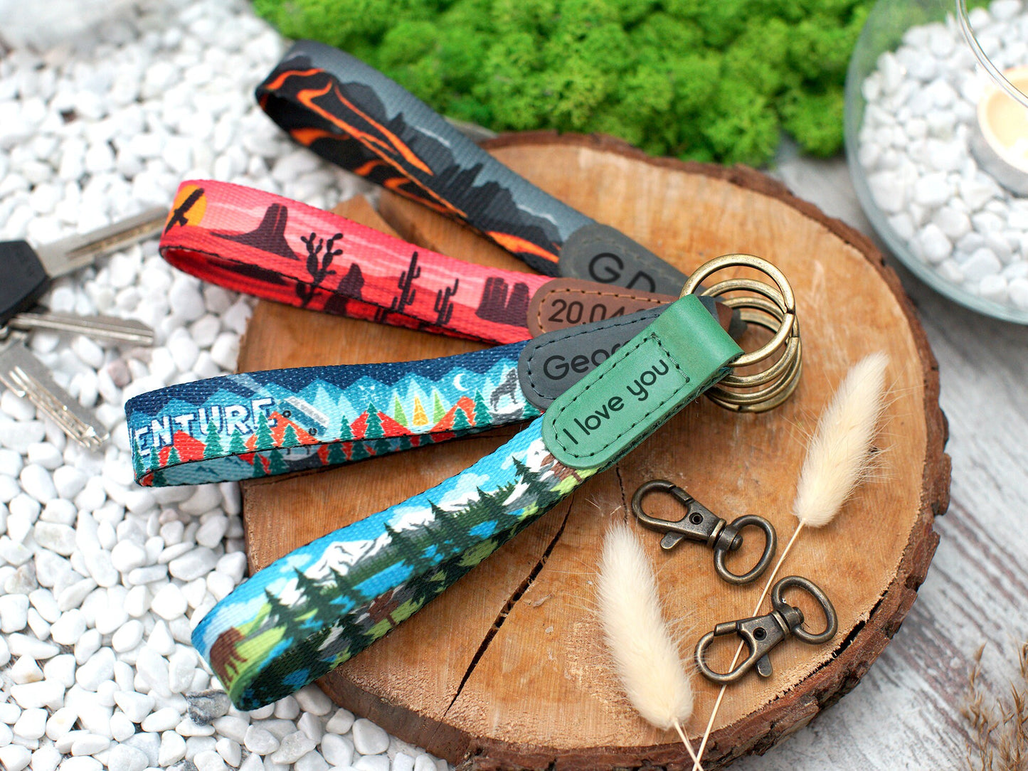 Personalized Wristlet Keychain, Nature Pattern Key Fob, Custom Wrist Key Holder, Bridesmaid Keychain, Wristlet Lanyard Strap, Gifts for Her