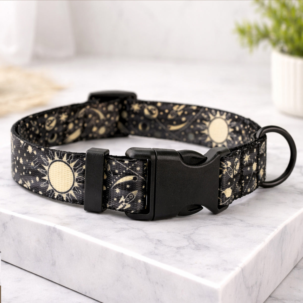 Personalized dog collar with colorful pattern – side view on marble surface