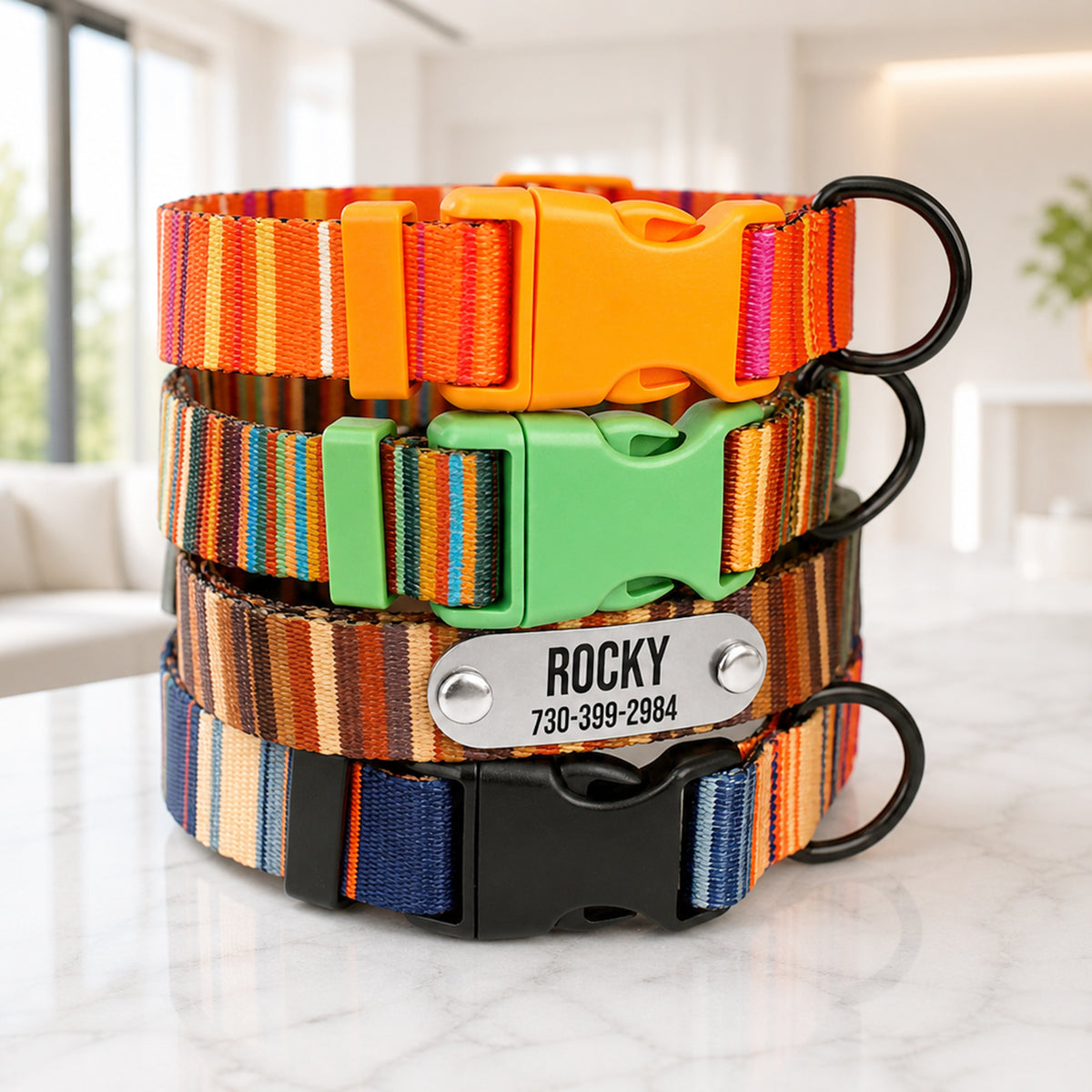 Personalized dog collar with retro stripe pattern – engraved ID plate close-up