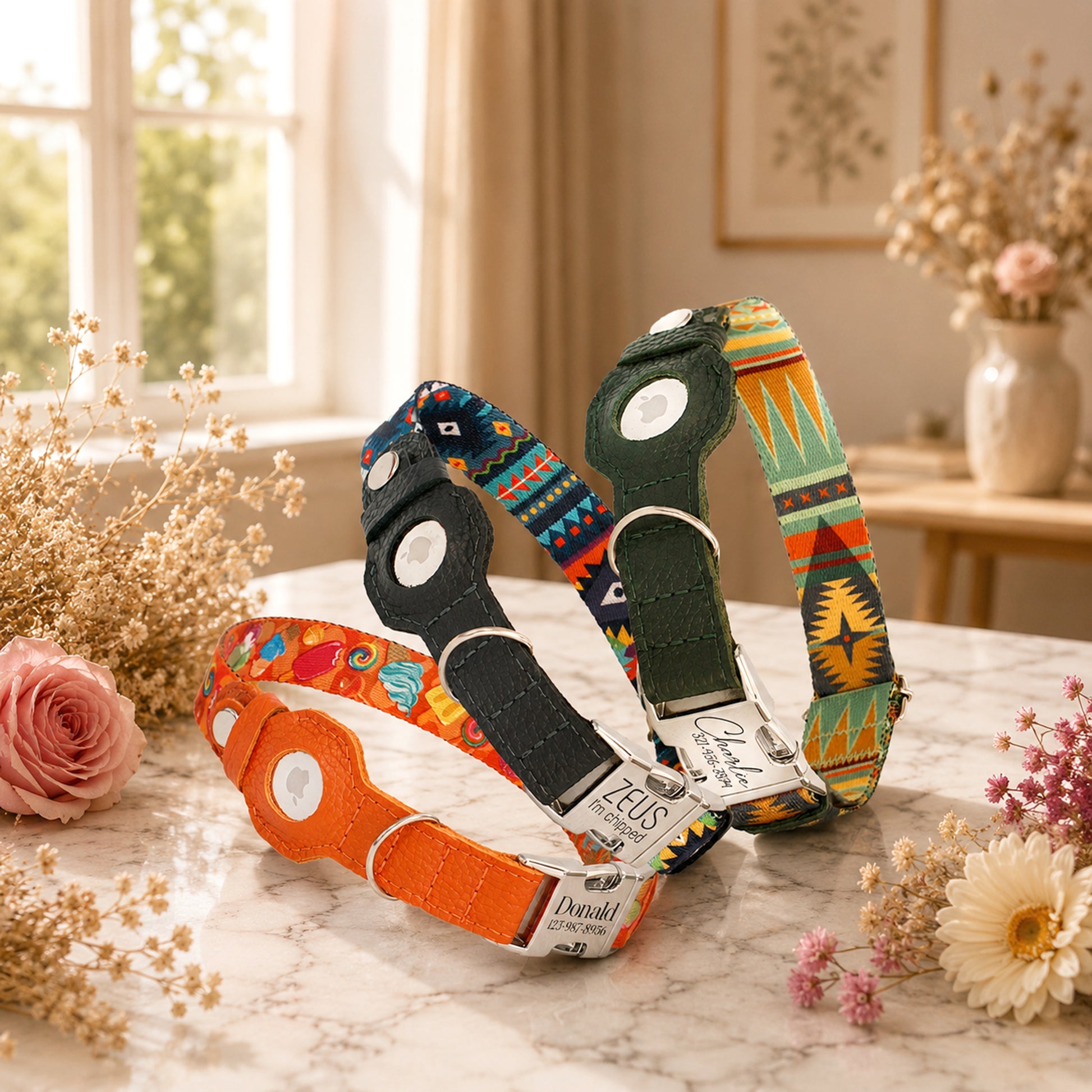 Colorful dog collars with floral patterns on a marble surface with flowers and a window in the background