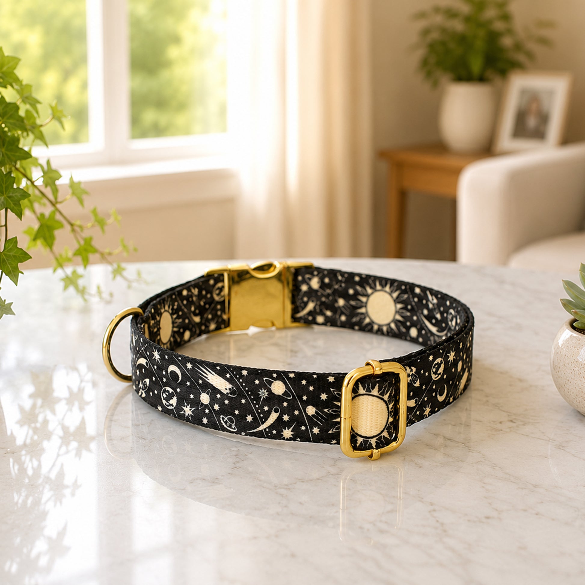 Dog collar with celestial pattern on a marble surface