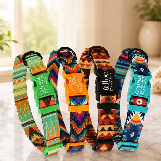 Colorful patterned dog collars with engraved names on a light surface.