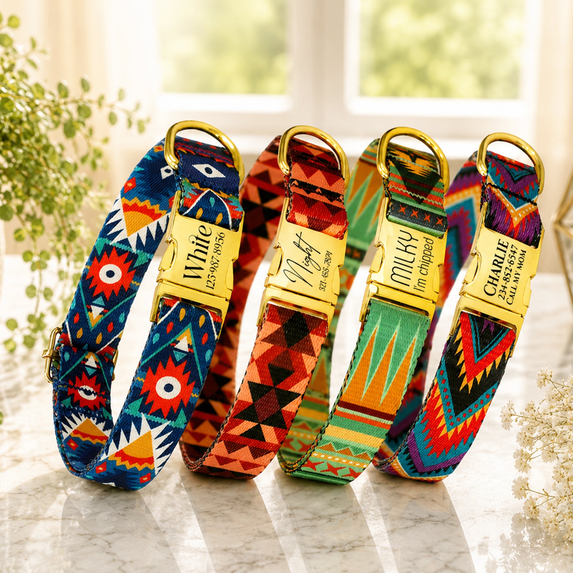 Four colorful dog collars with gold buckles on a marble surface.