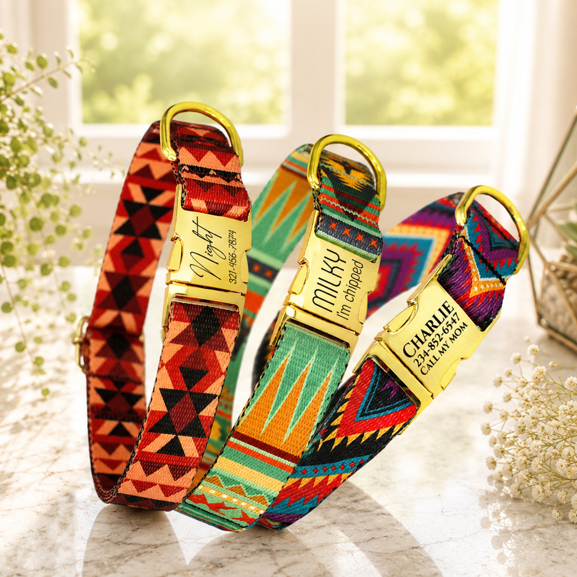 Three colorful dog collars with gold tags on a marble surface.