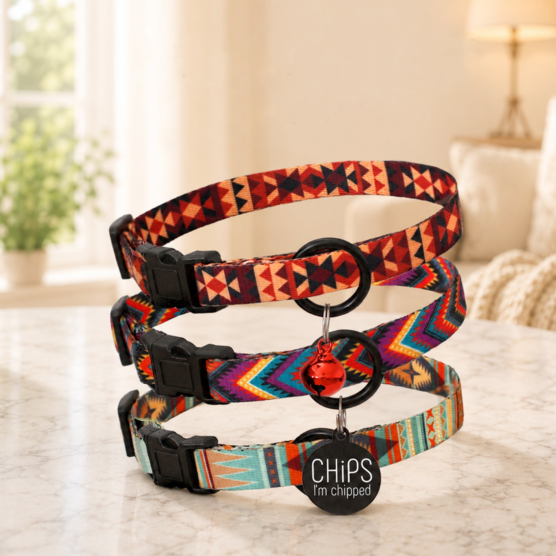 Two colorful dog collars with a matching tag on a marble surface.