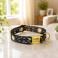 Dog collar with 'I'm Chipped' tag on a marble surface