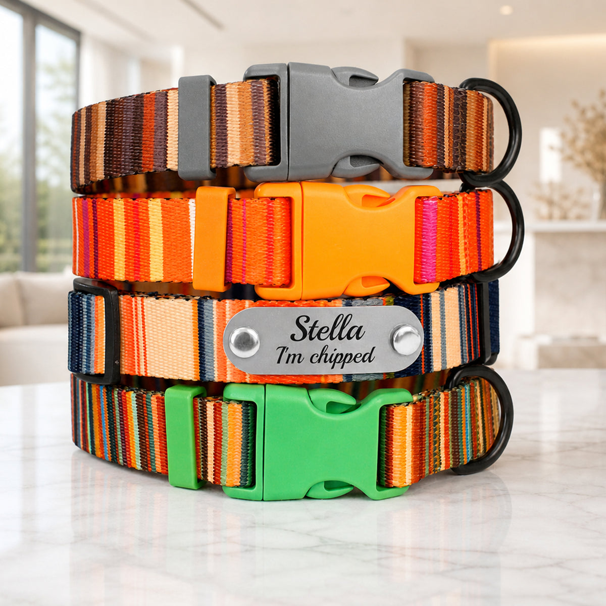 Personalized Nomad striped dog collar – lightweight comfort, main product photo
