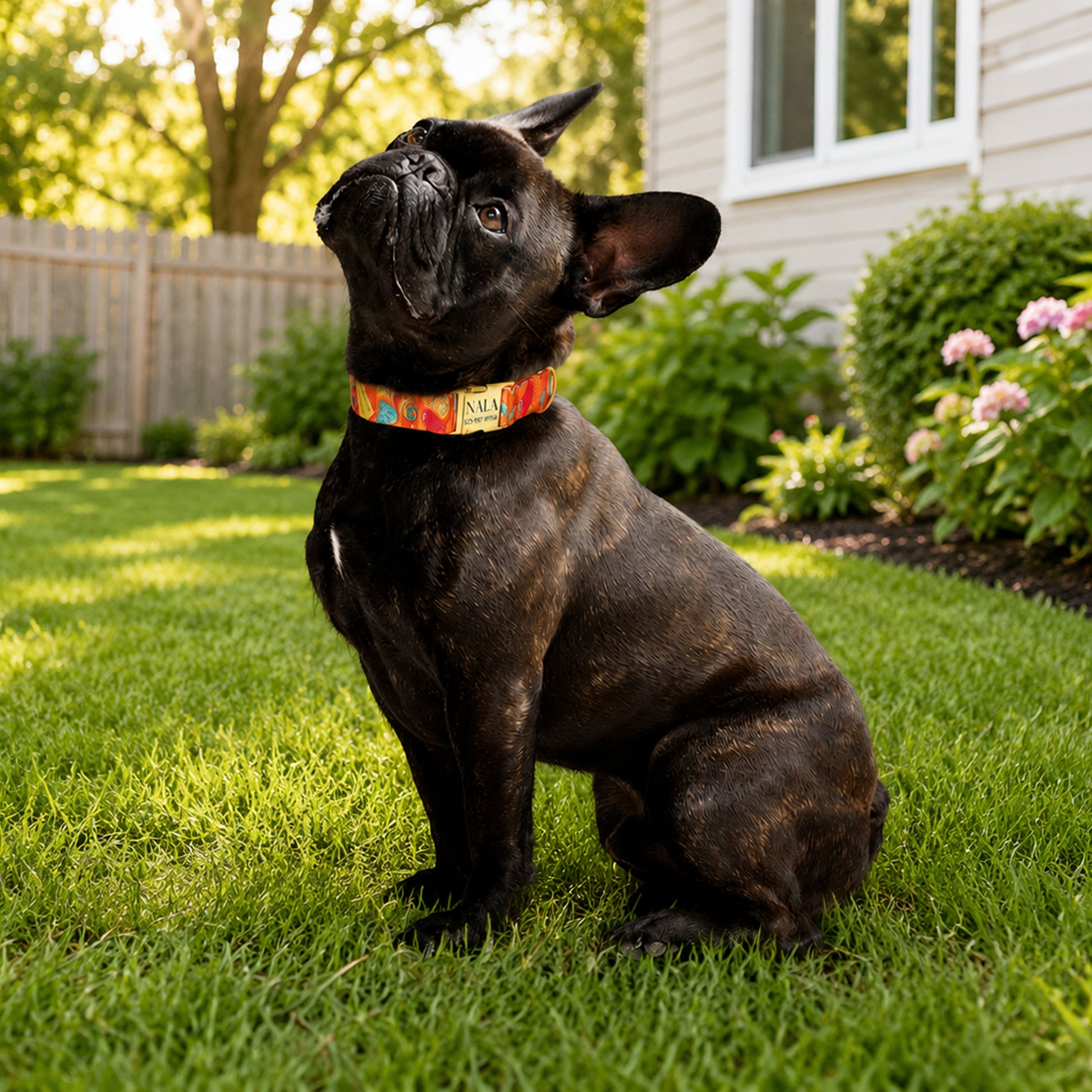 Black dog sitting on grass with a colorful collar in a garden setting
