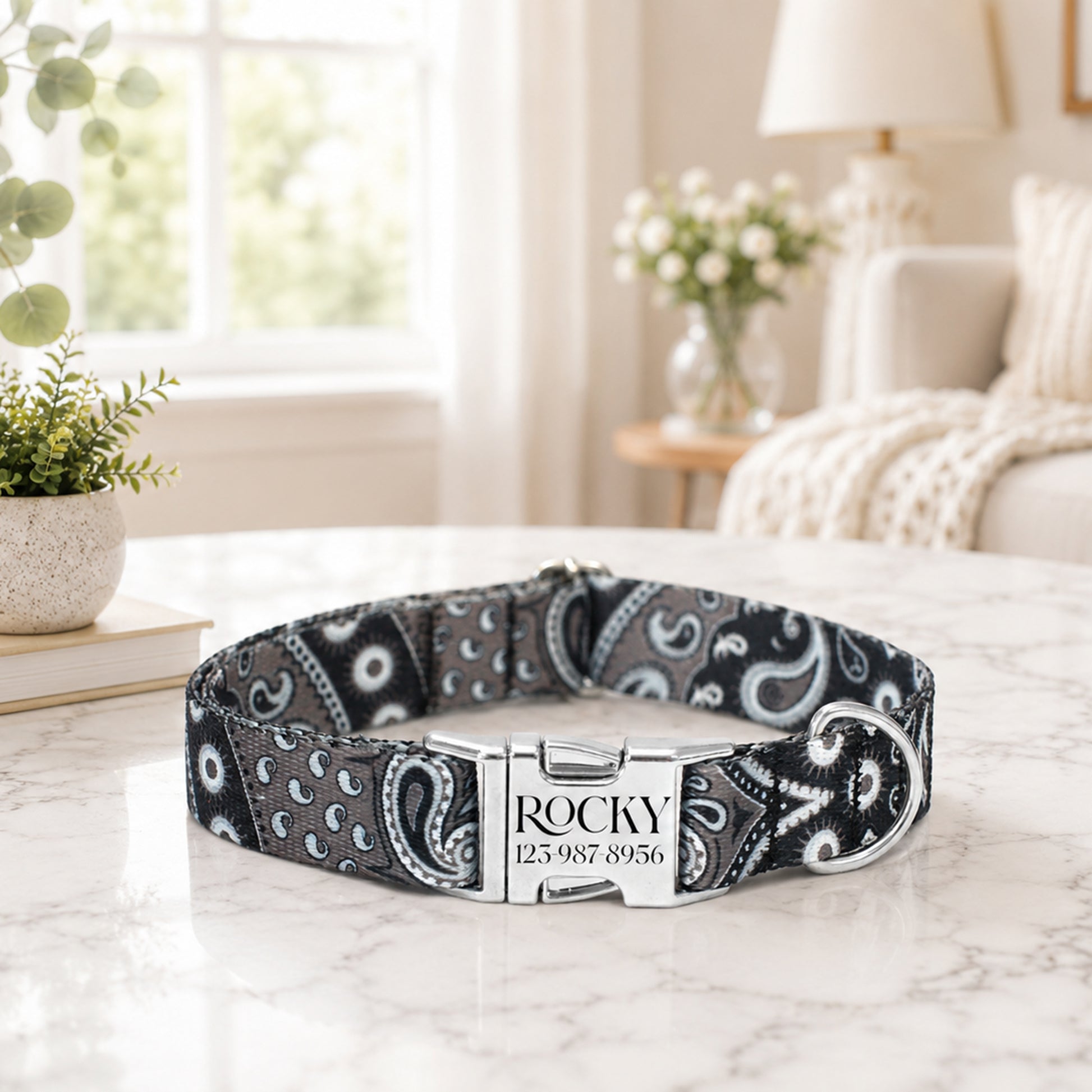 Dog collar with 'Rocky' engraved on a marble surface in a home setting