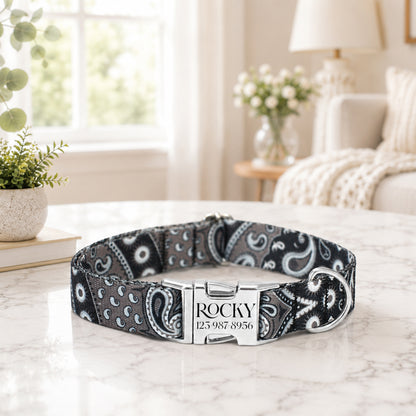 Dog collar with 'Rocky' engraved on a marble surface in a home setting
