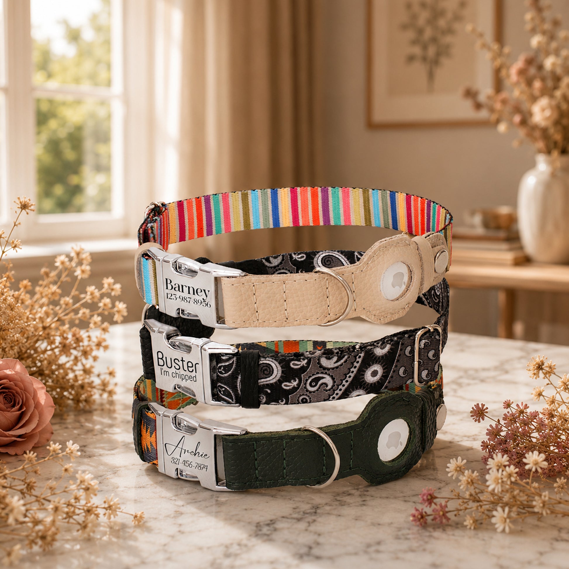Three dog collars with colorful patterns on a marble surface with flowers and a window in the background