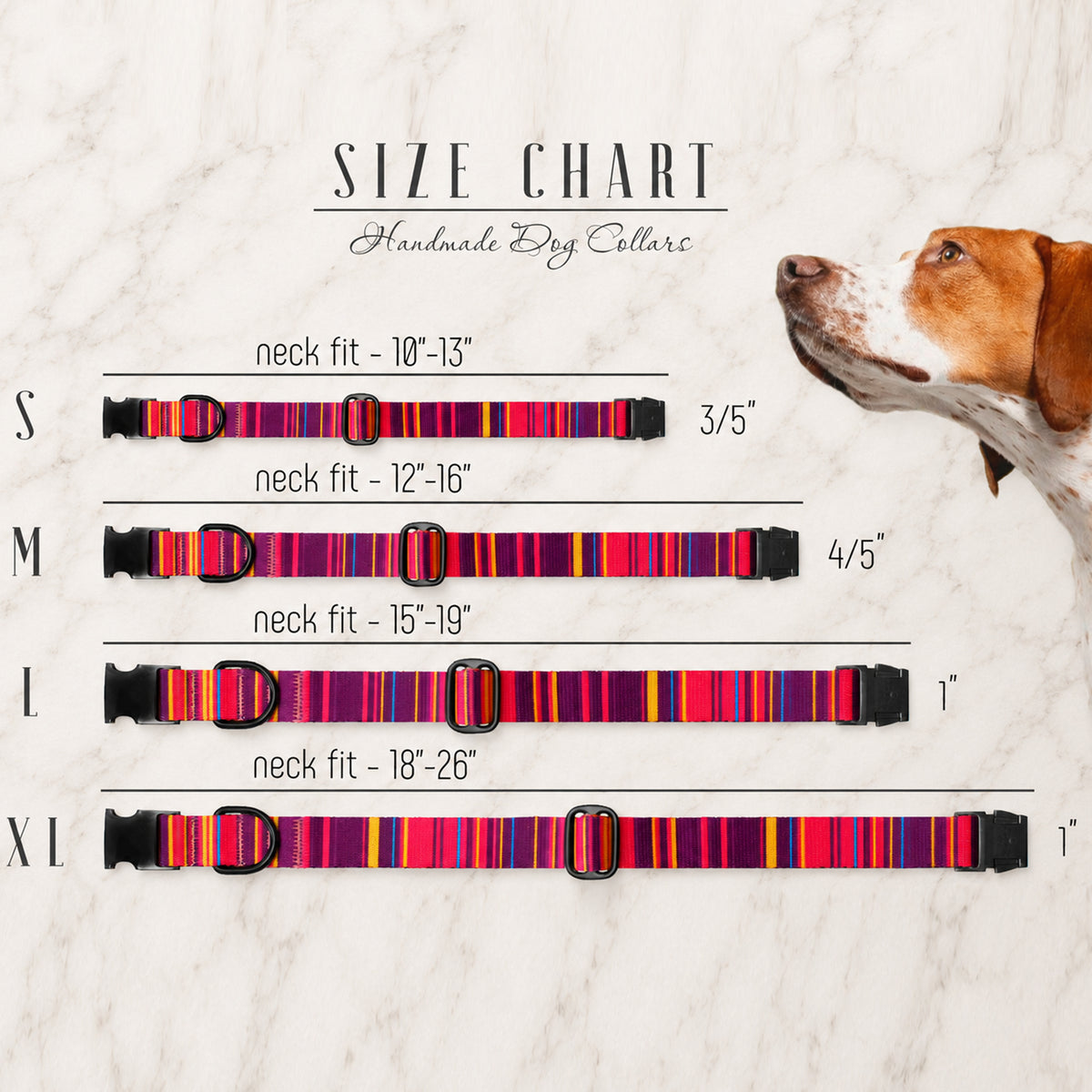 Size chart for handmade dog collars with a dog wearing a collar on a white background