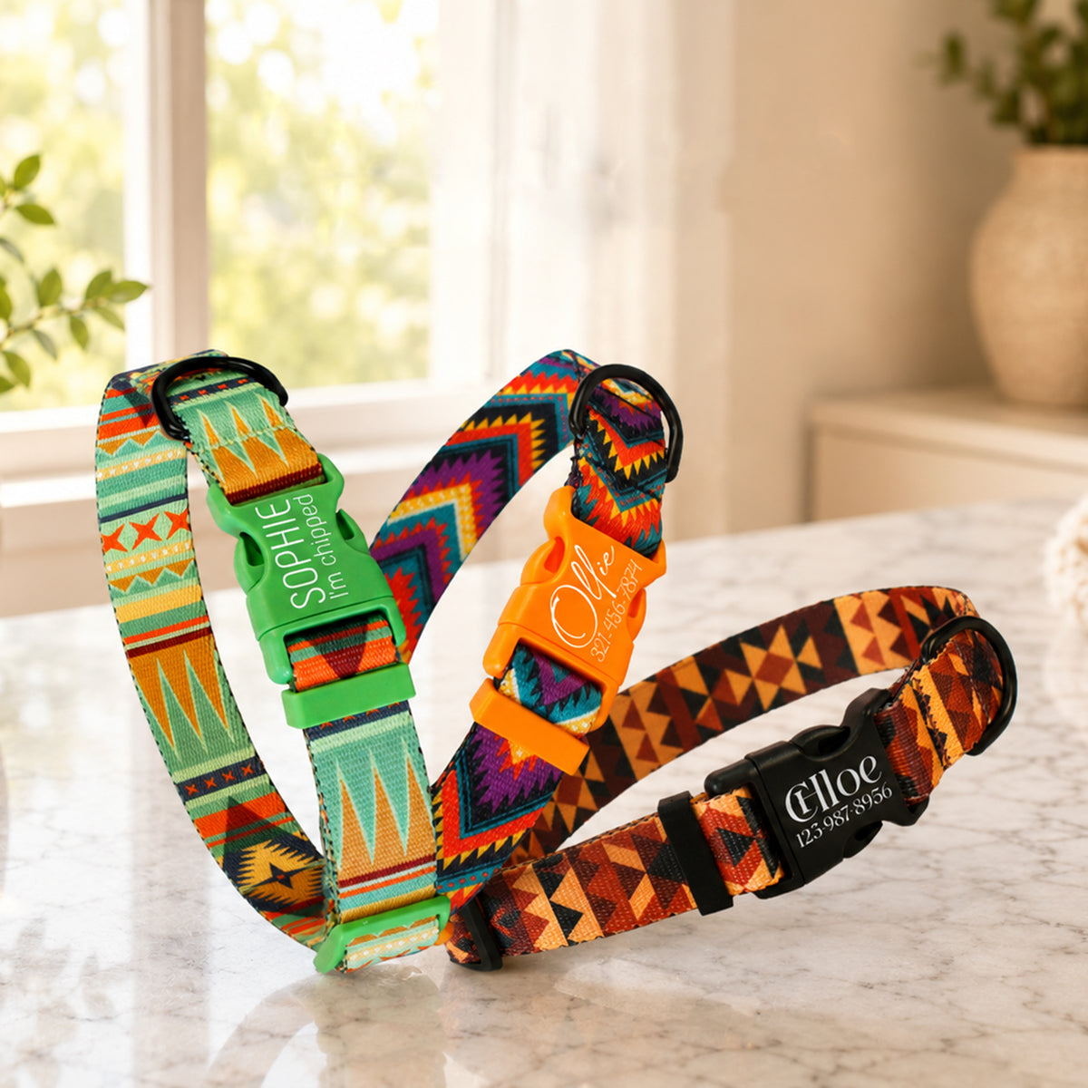 Colorful dog collars with geometric patterns on a light surface.