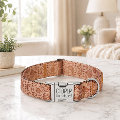 Dog collar with 'Cooper I'm chipped' tag on a marble surface