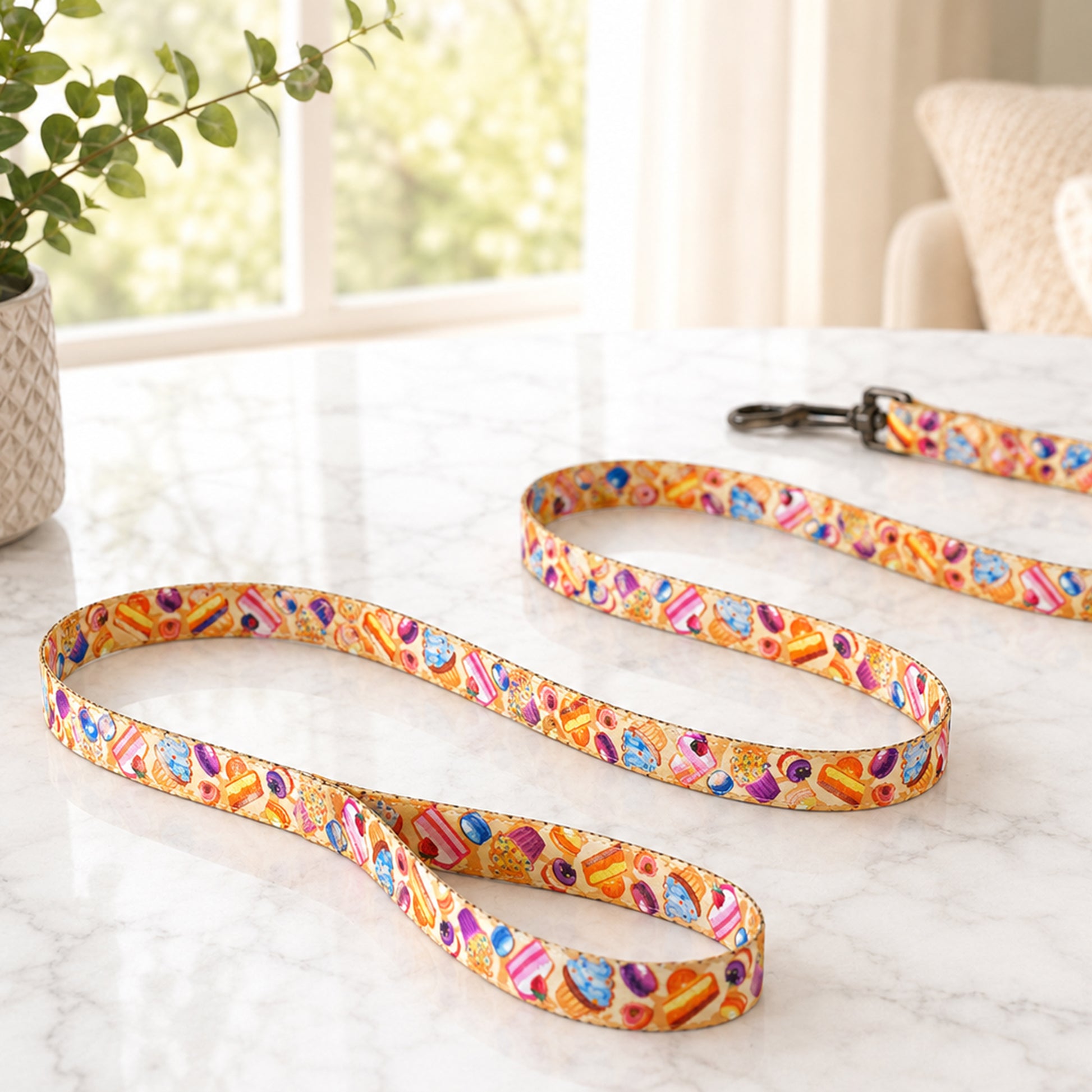 Colorful dog leash on a marble surface with a blurred indoor background