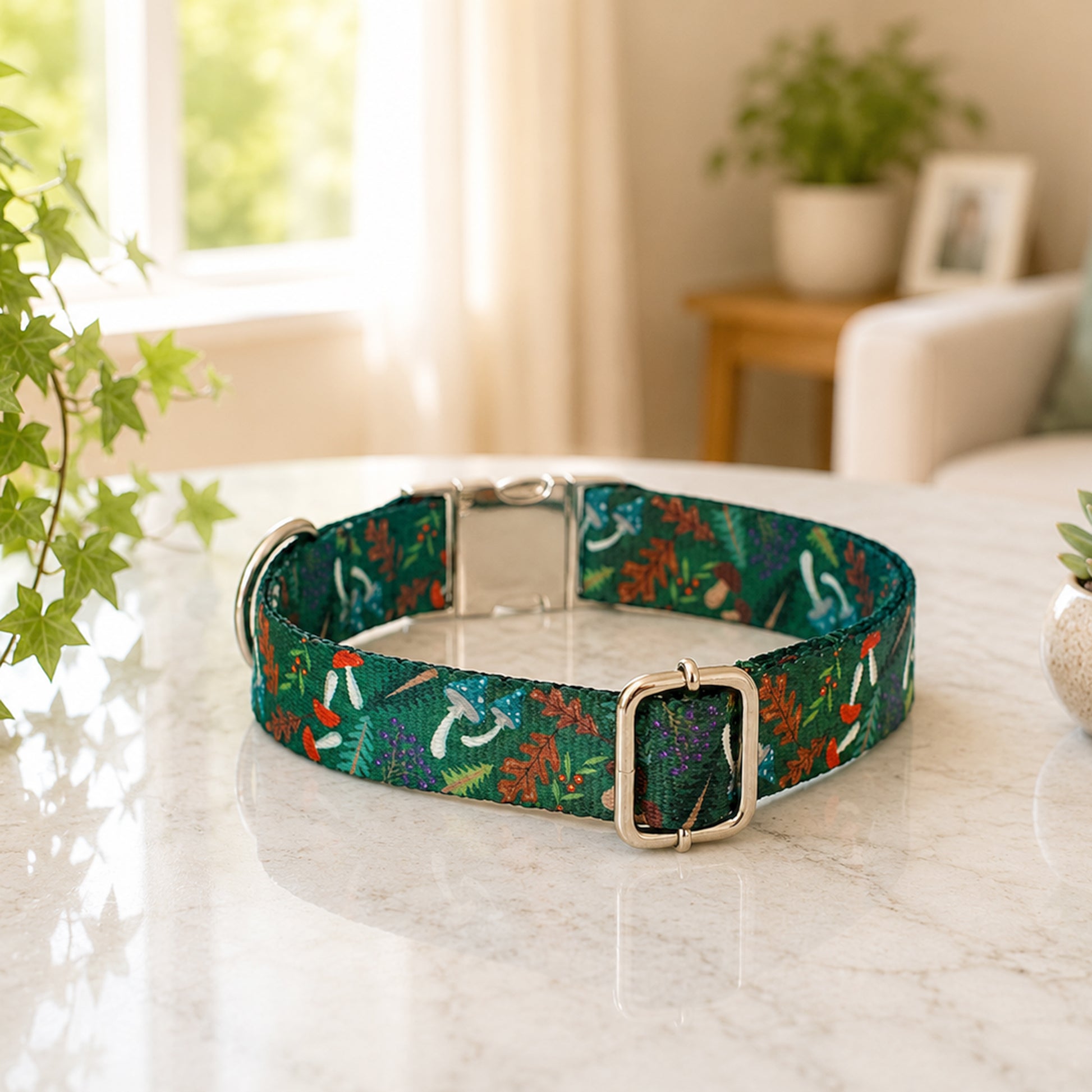 Green floral-patterned dog collar on a marble surface with a home interior background