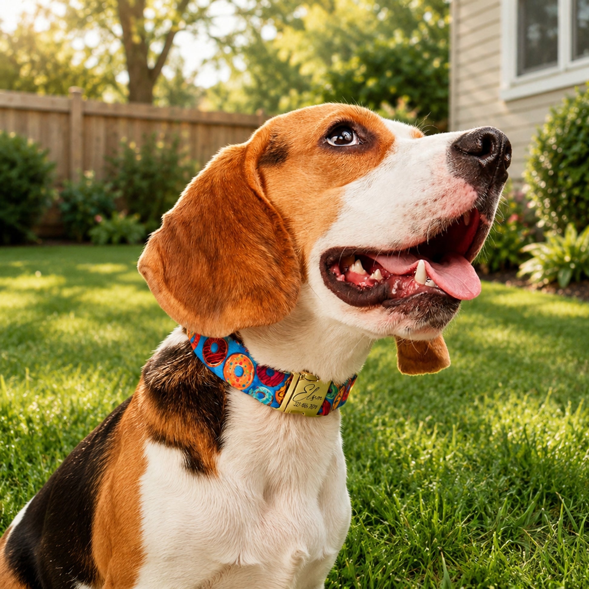 Dog with a colorful collar standing on grass