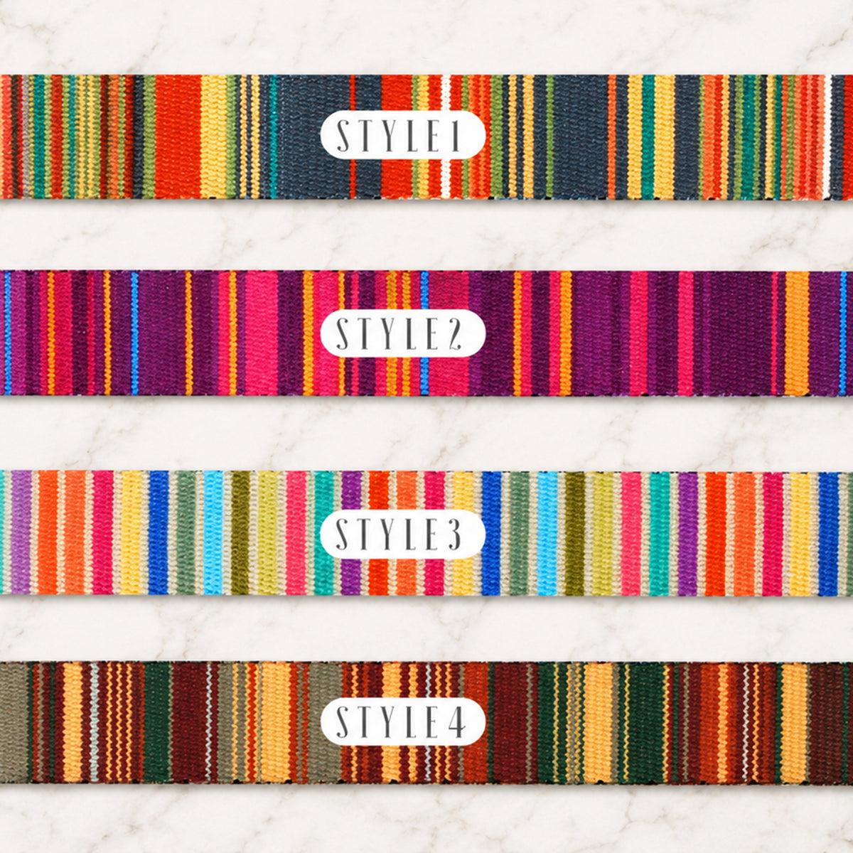 Four colorful striped ribbons labeled 'Style 1', 'Style 2', 'Style 3', and 'Style 4' on a marble background.