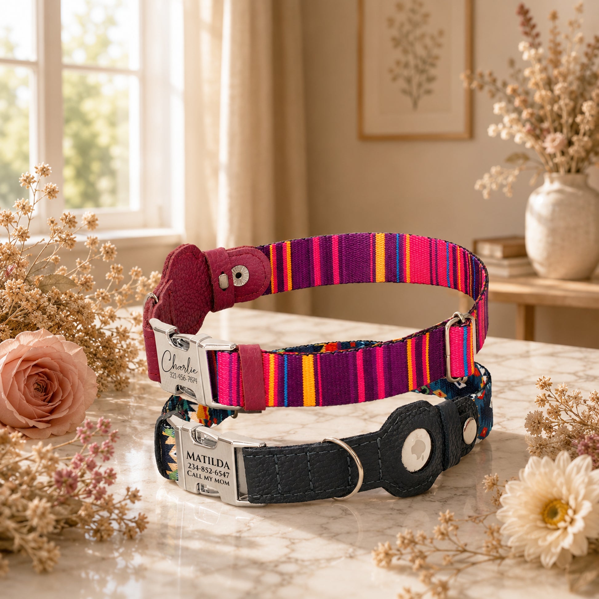 Colorful striped dog collar on a marble surface with flowers and a window in the background