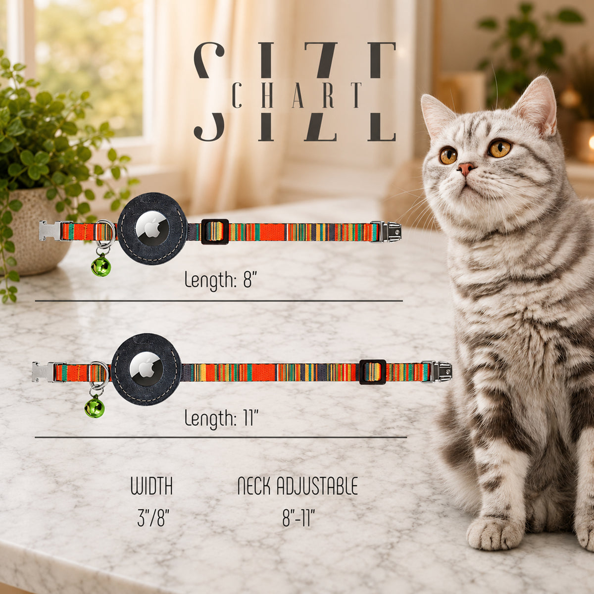 AirTag cat collar with artistic print – stitching and hardware detail