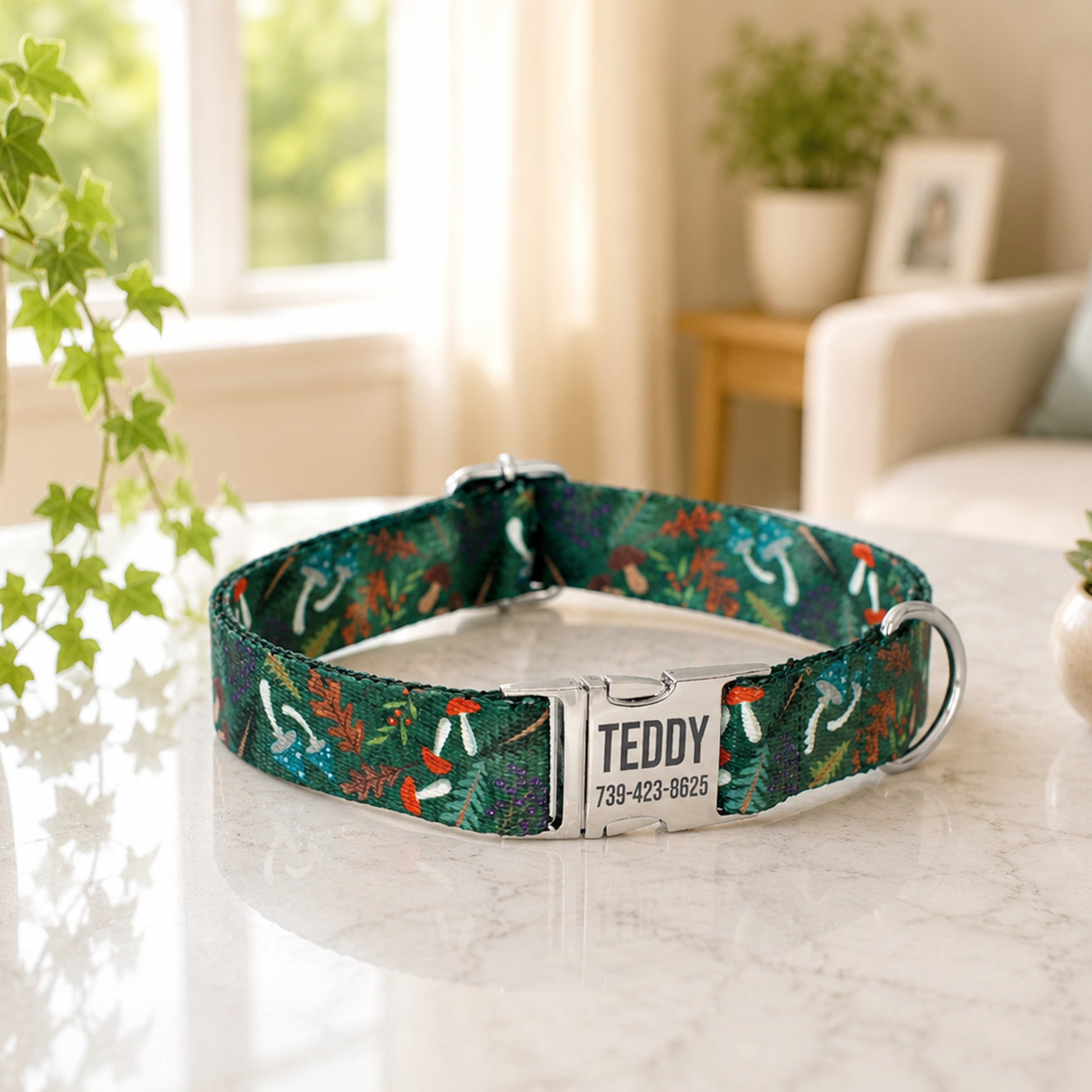 Decorative dog collar with a floral pattern on a marble surface, with a blurred indoor background.