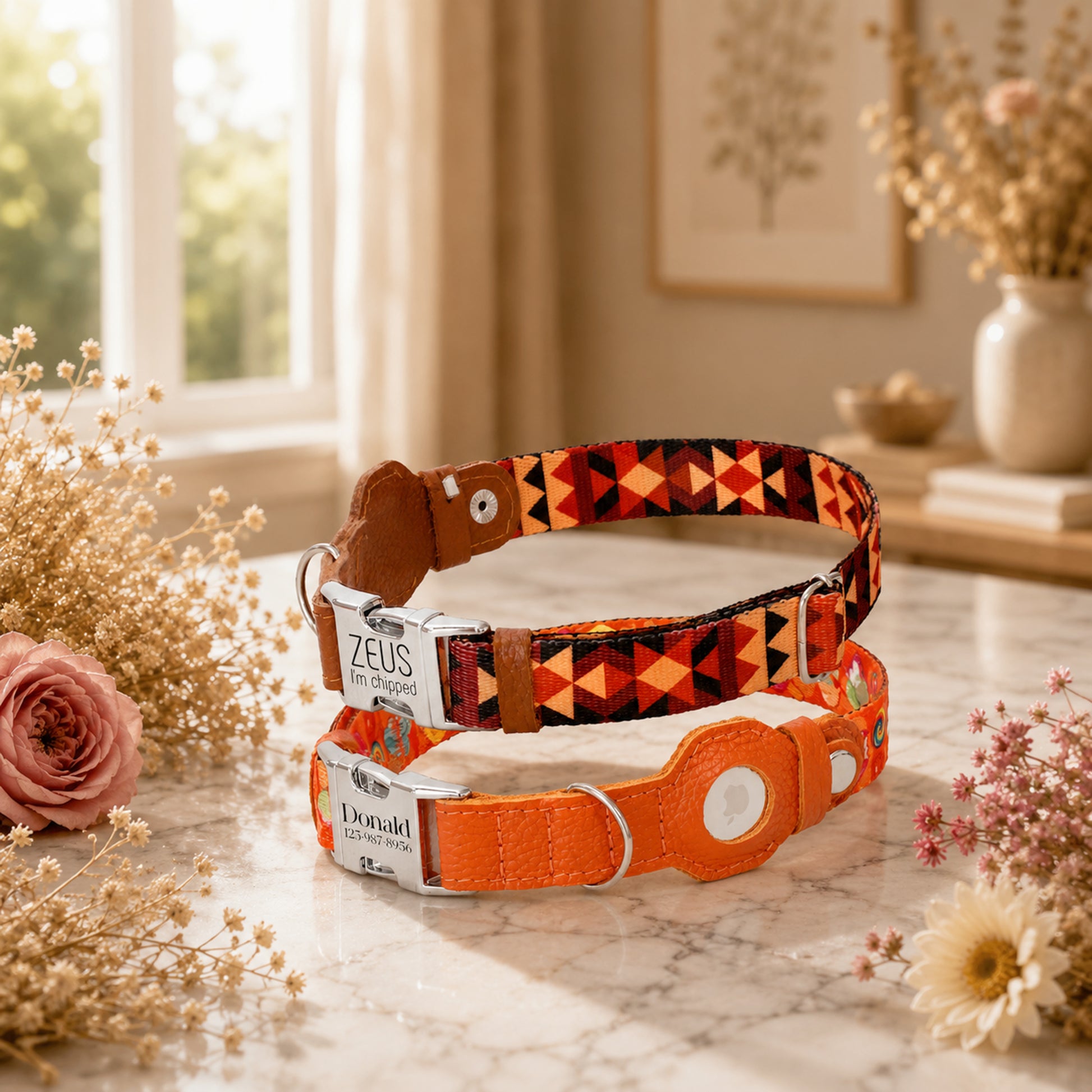 Two dog collars, one with a geometric pattern and the other orange, on a marble surface with flowers and a window in the background.