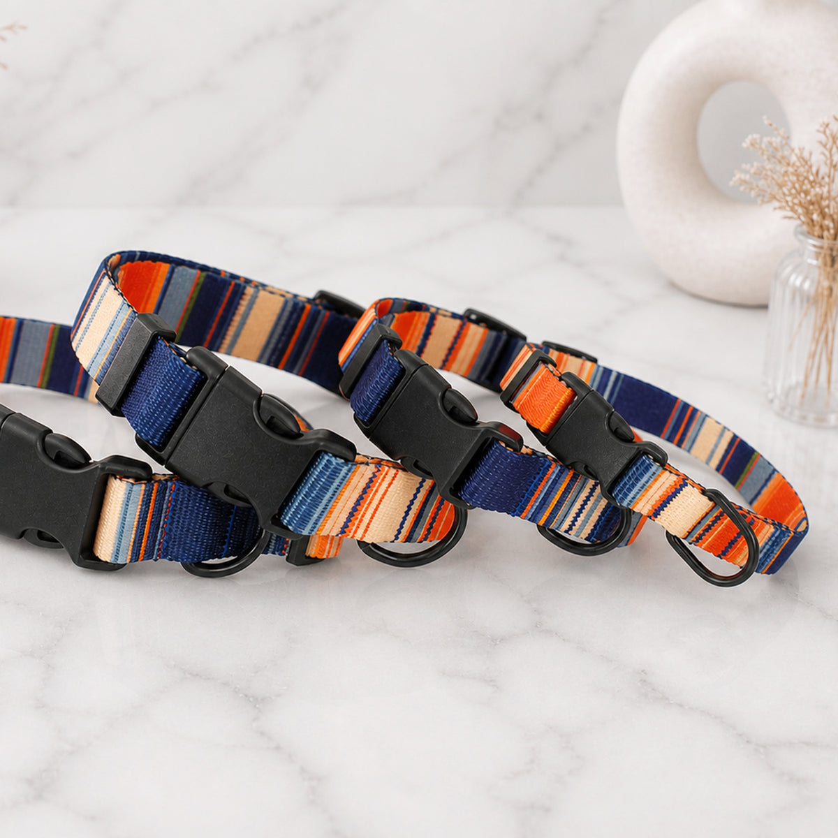 Striped dog collar with custom engraving – color variant overview