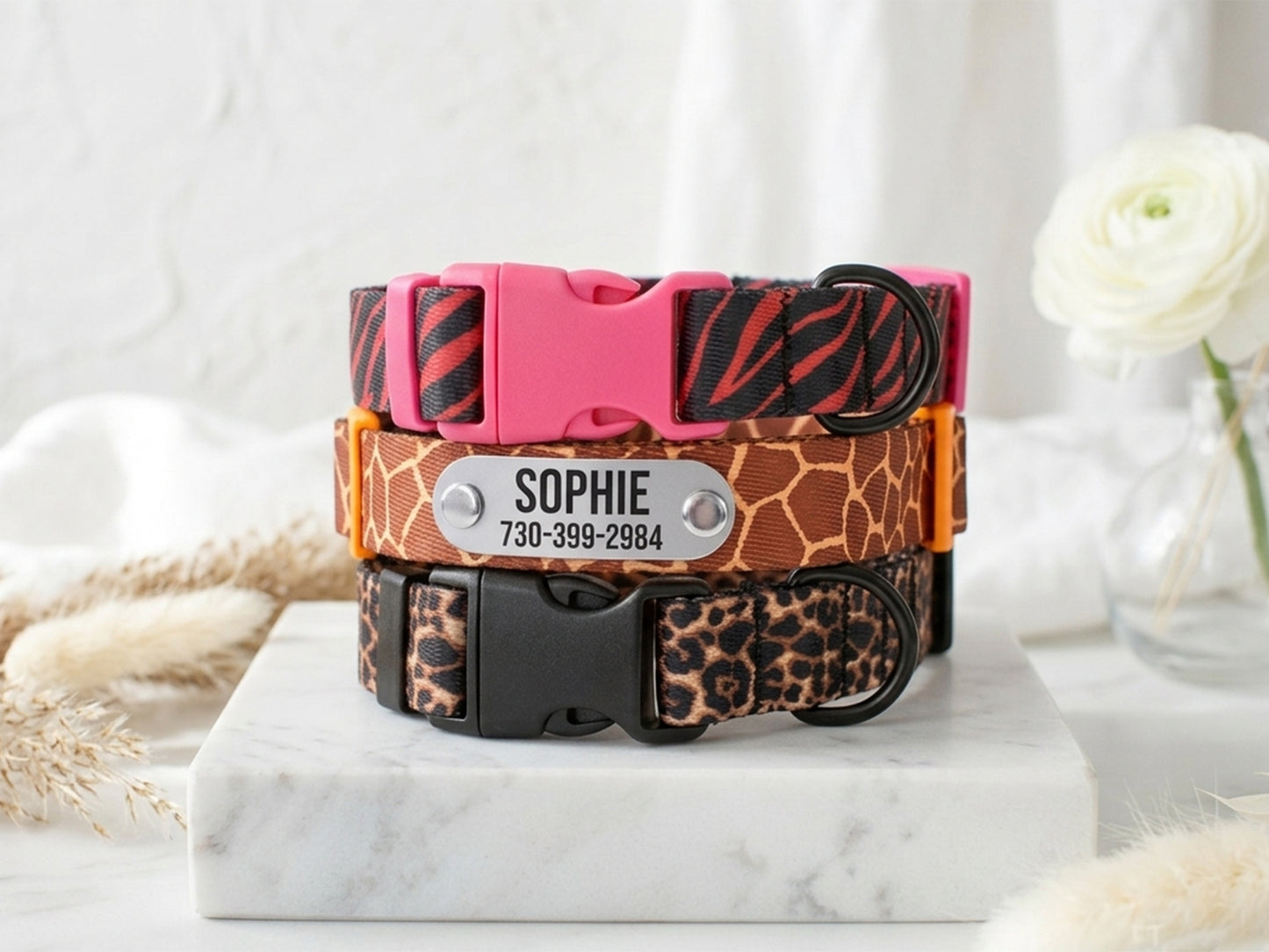 Animal Print Dog Collar with Personalized ID Name Plate