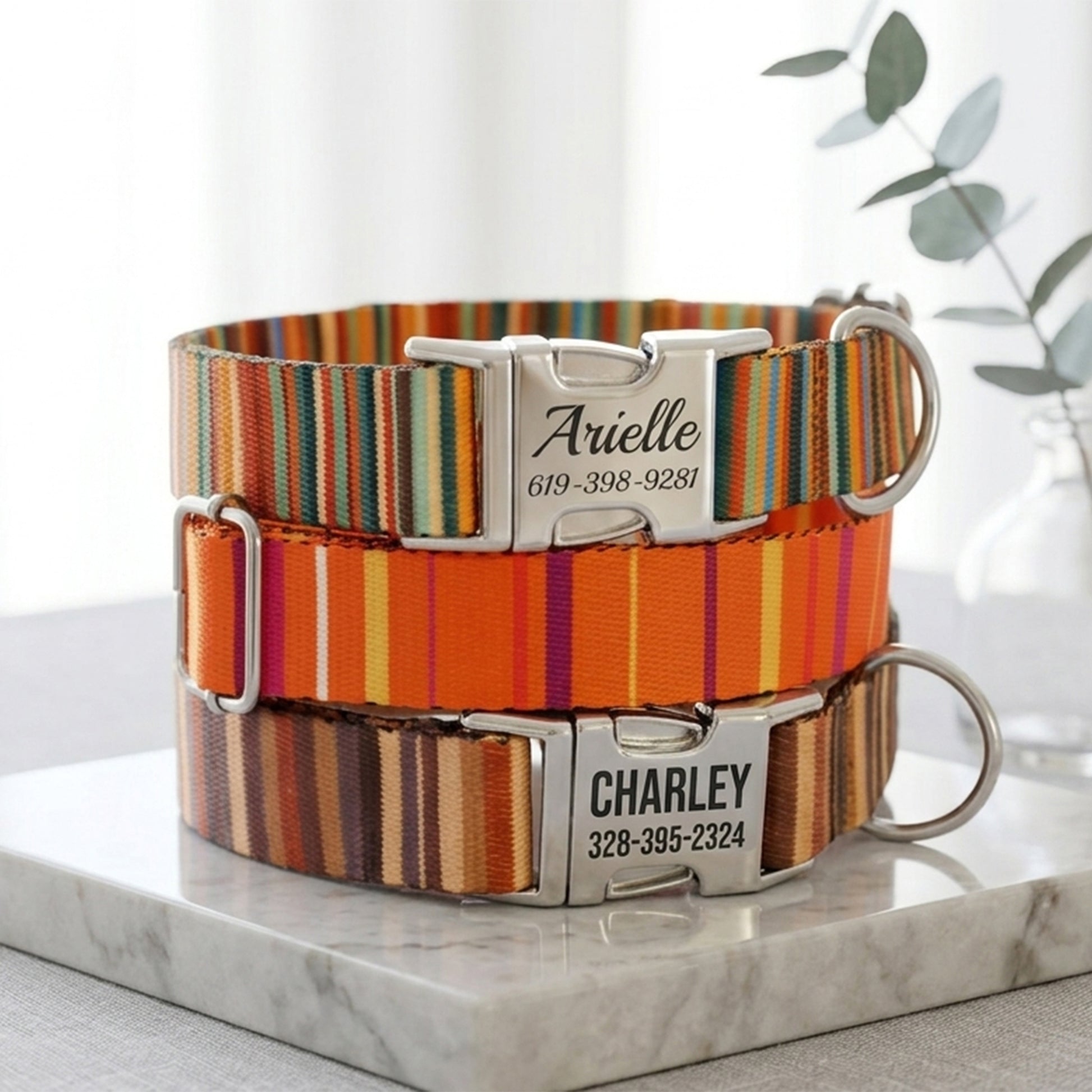 Two striped dog collars with engraved names and contact numbers on a marble surface.