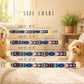 Dog collar size chart with dogs and measurements on a light background