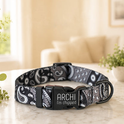 Black and white patterned dog collar with 'Archi I'm chipped' tag on a marble surface.