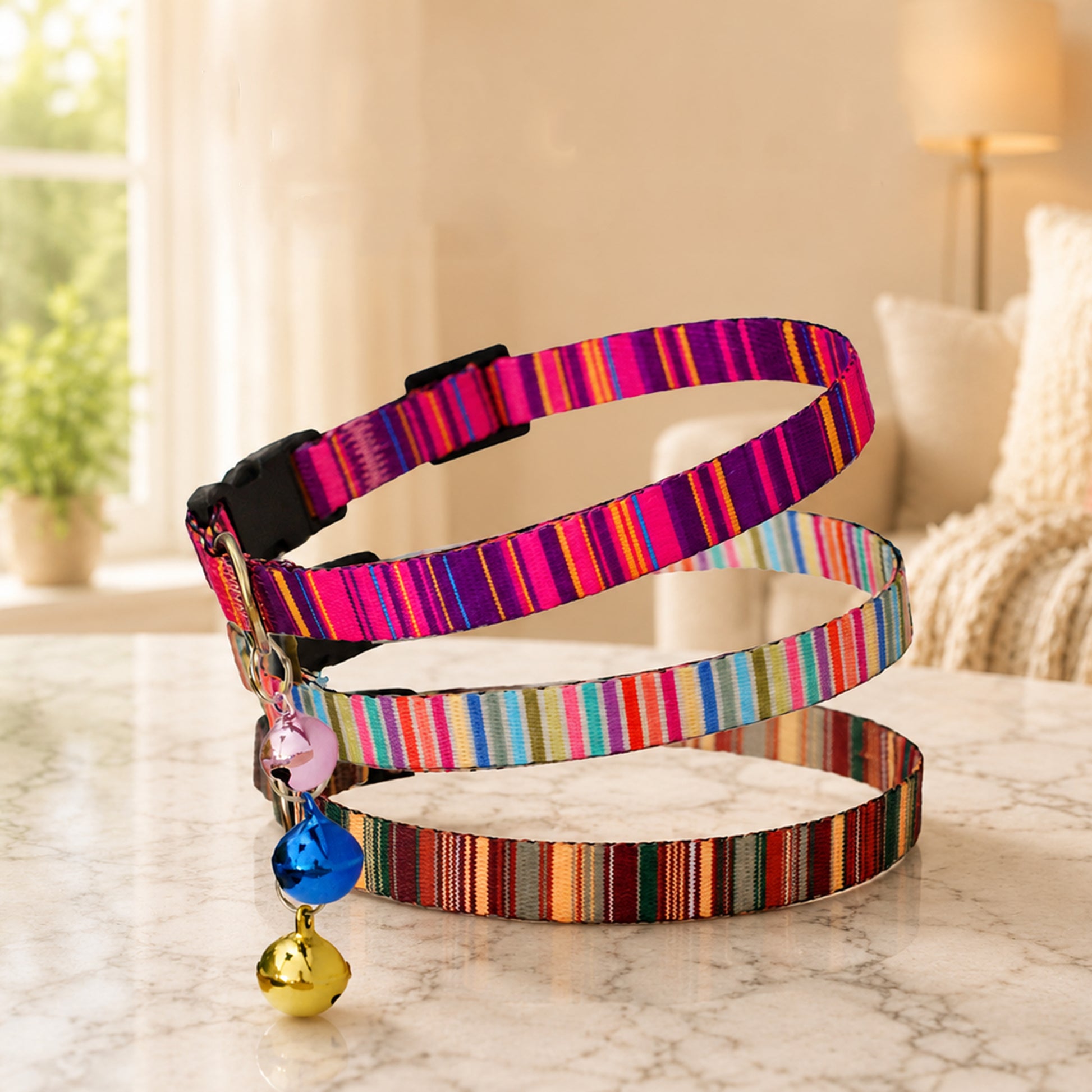 Colorful striped dog leash with a bell on a marble surface