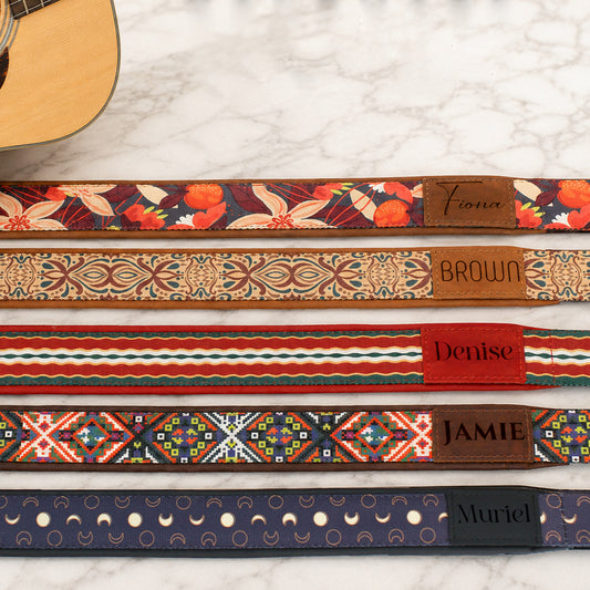 Personalized 'Vibrant Echo' Padded Guitar Strap – 7 Custom Artisan Patterns & Engraved Leather Ends