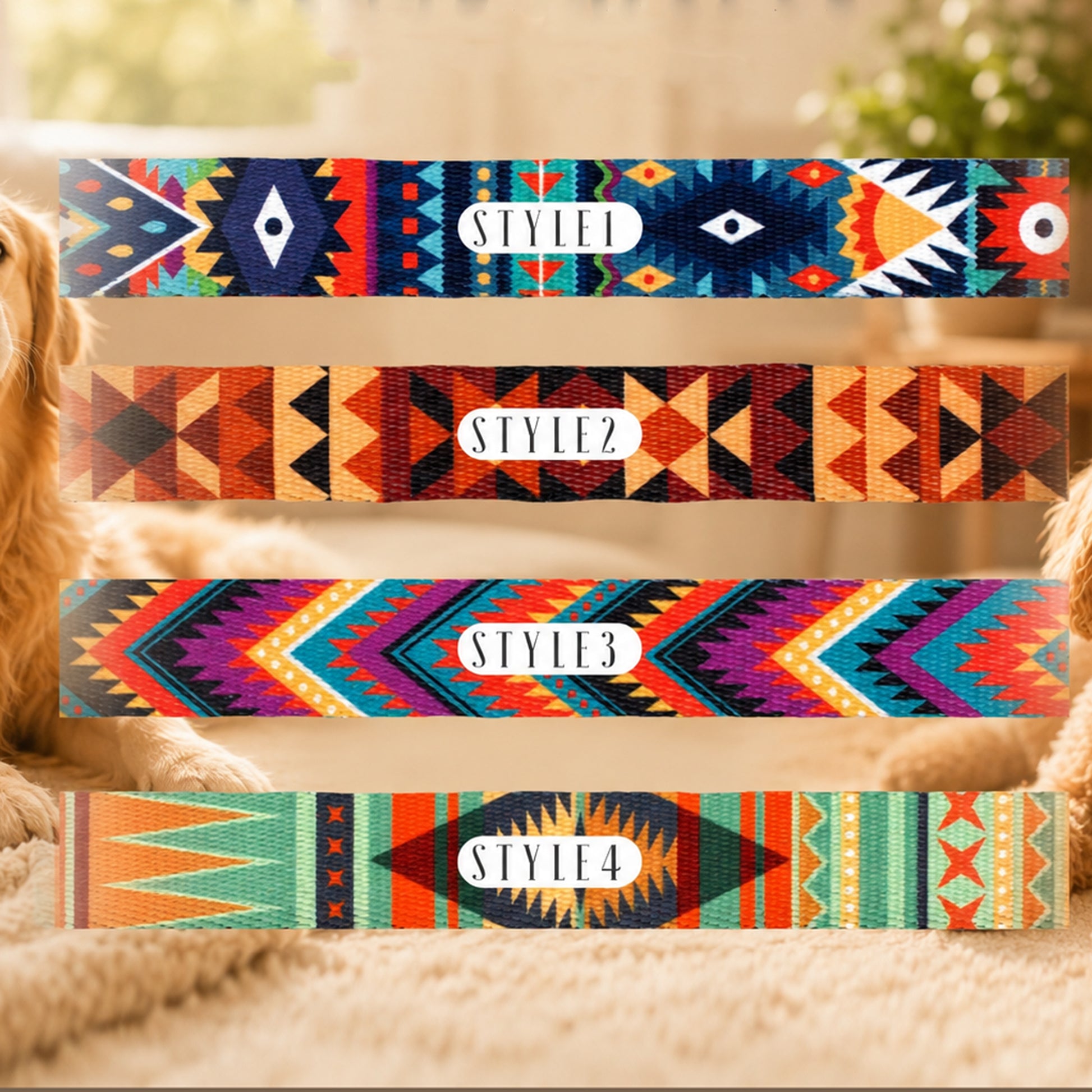 Four colorful patterned headbands with 'STYLE' labels on a blurred natural background