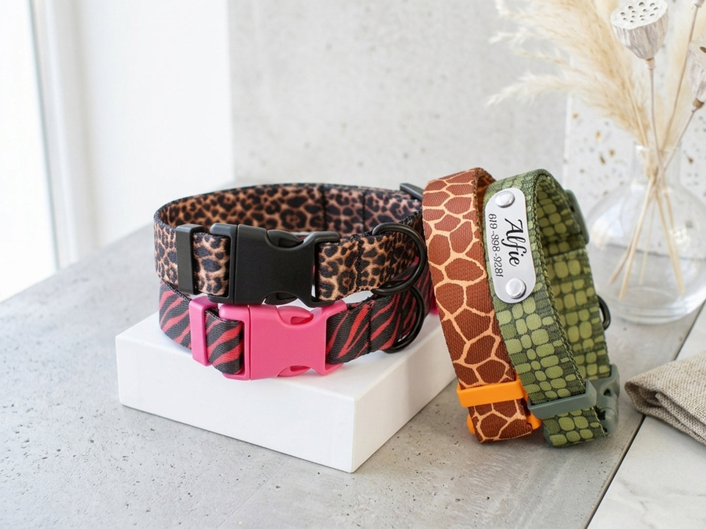 Animal Print Dog Collar with Personalized ID Name Plate