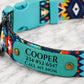 Colorful dog collar with a name tag on a marble surface