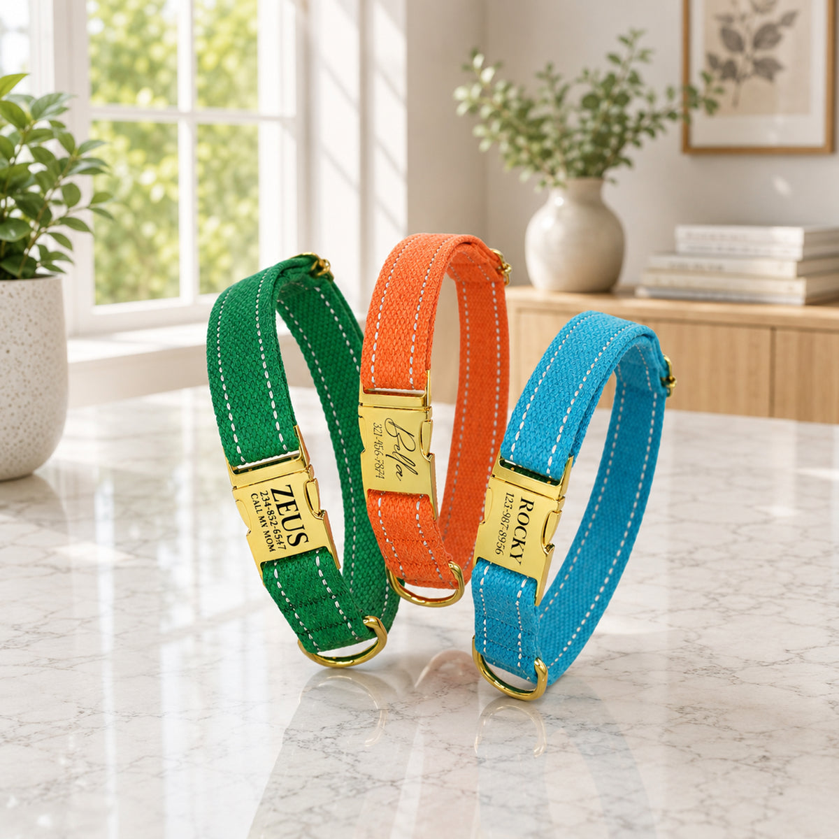 Three colorful dog collars on a marble surface with a home interior background.
