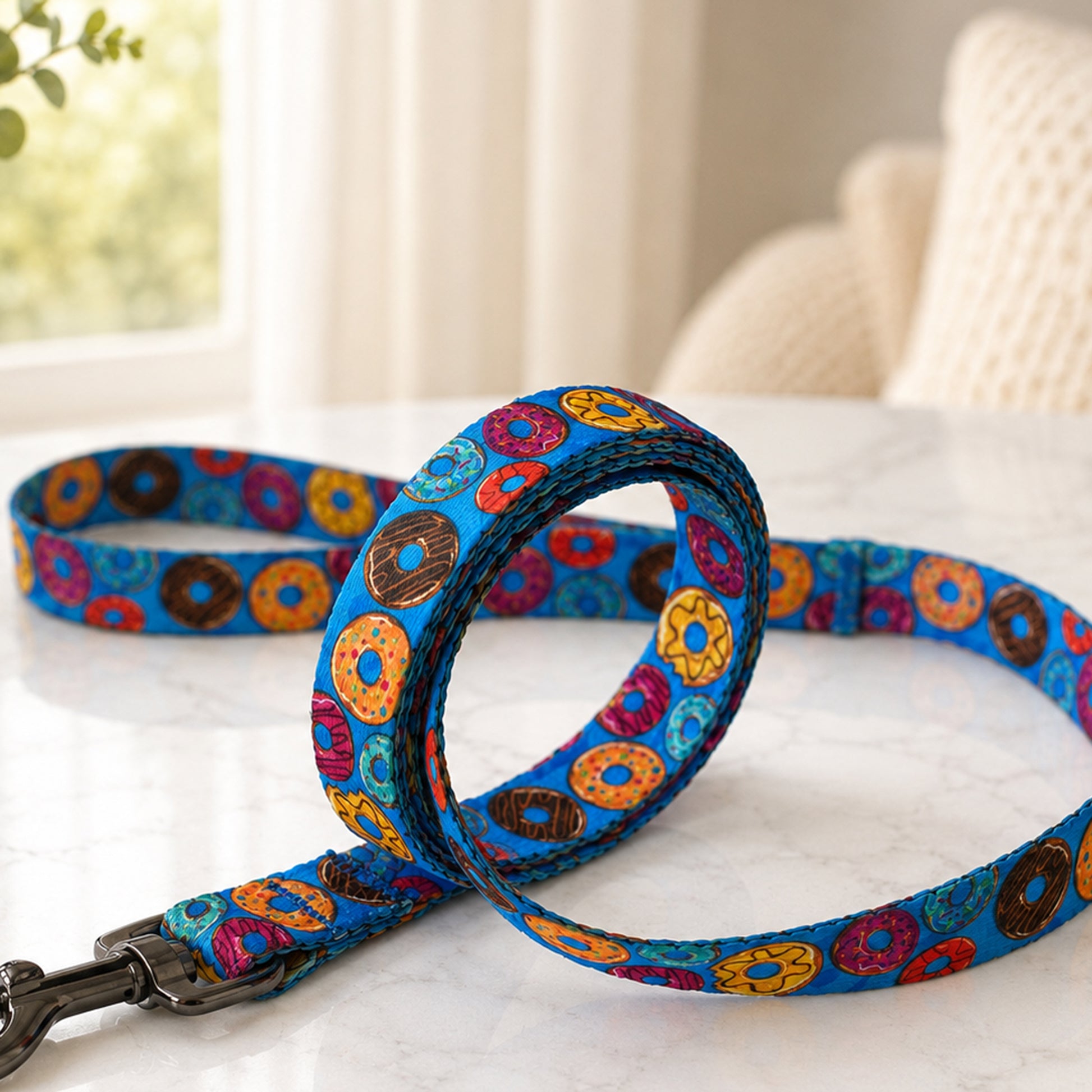 Colorful dog leash with donut pattern on a white surface