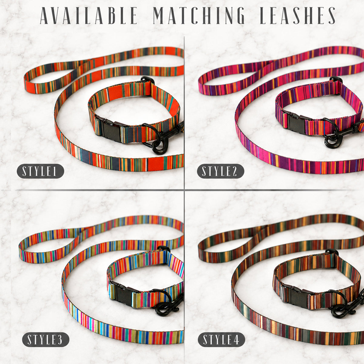 Colorful striped dog collar and leash set with four style options on a white background.