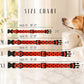 Dog collar size chart with a dog looking at the collars
