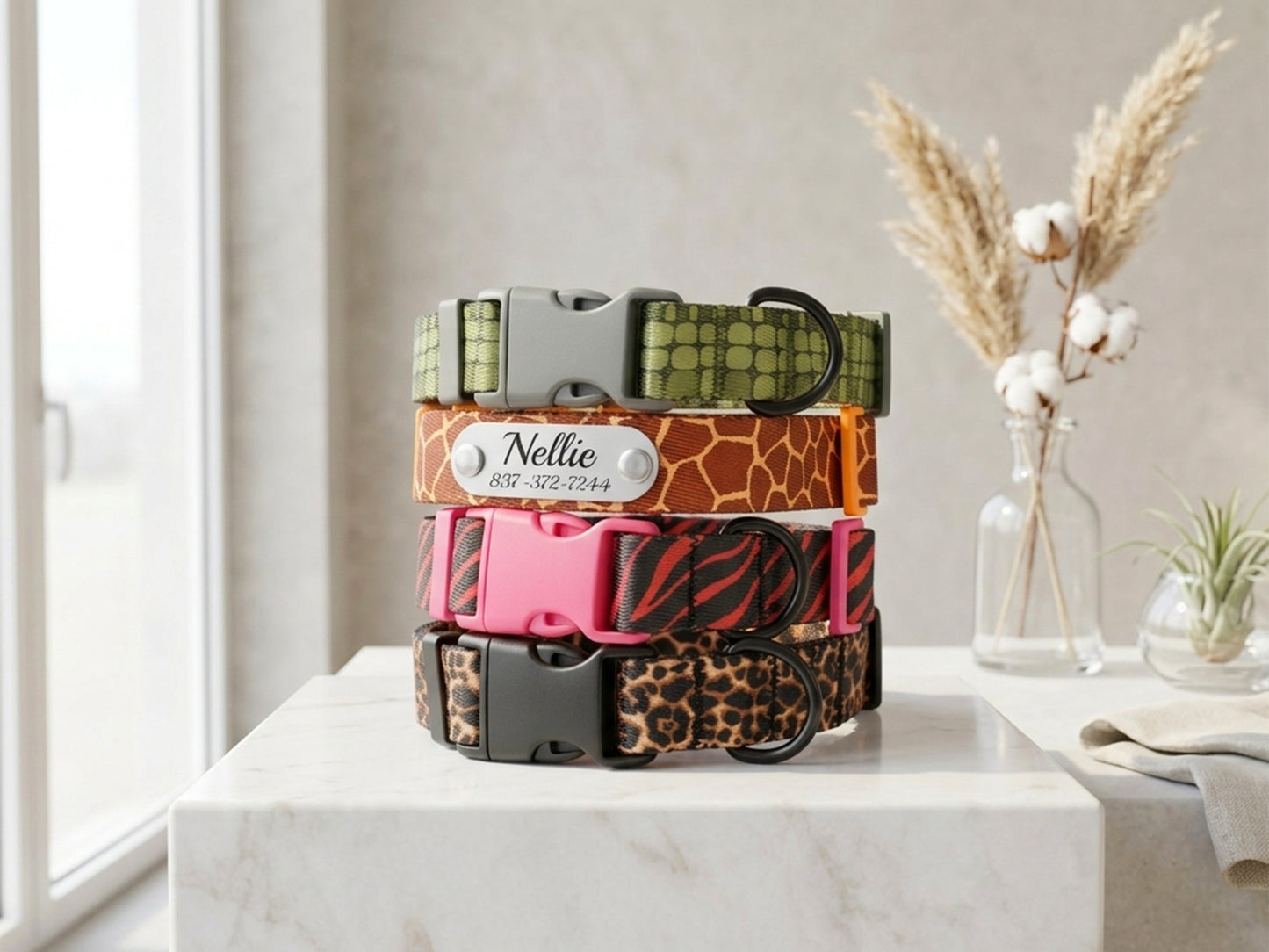 Animal Print Dog Collar with Personalized ID Name Plate