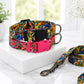 Personalized dog collar with vibrant travel print – size reference