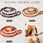 Three colorful dog leashes with matching collars on a light gray background, featuring a dog wearing one of the leashes.