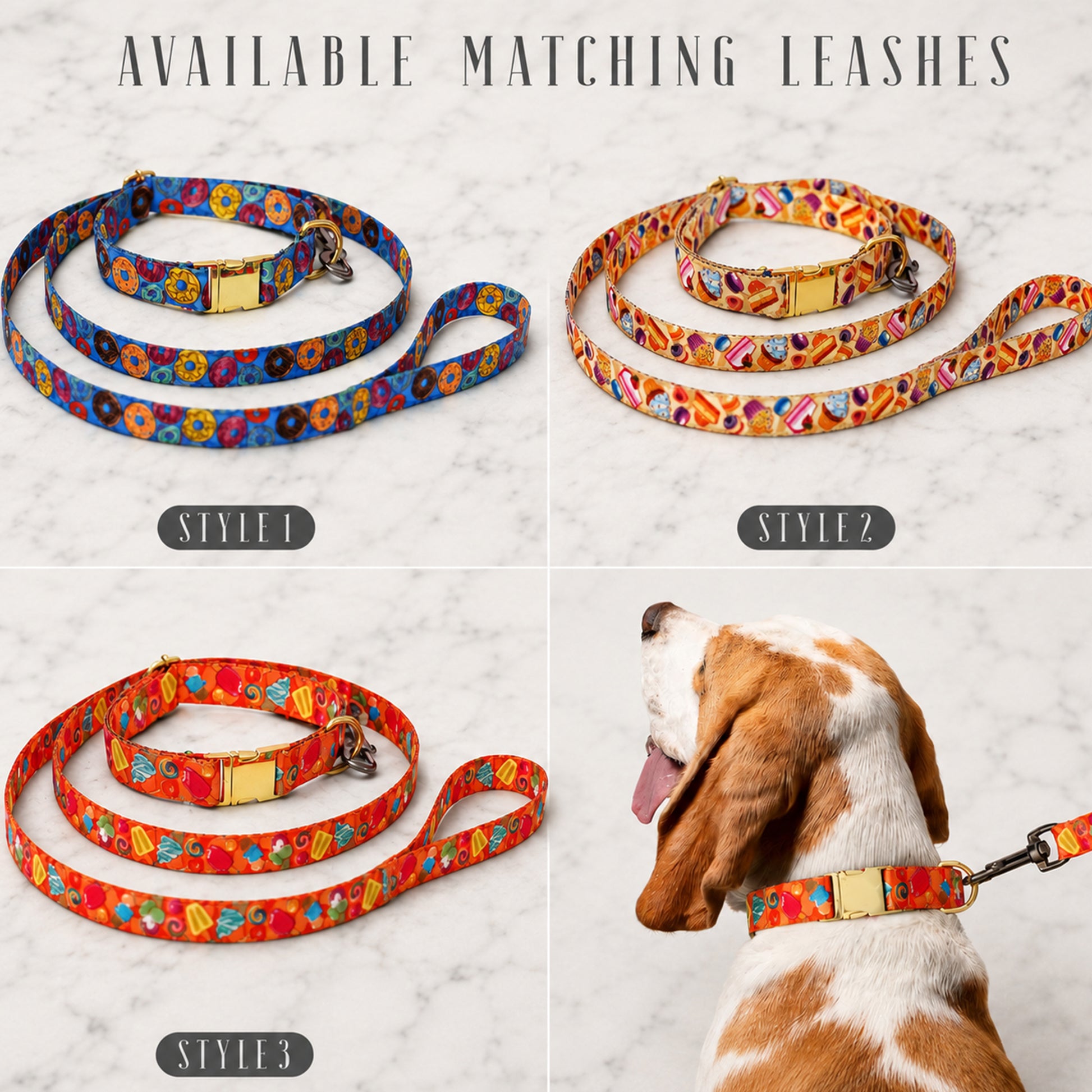 Three colorful dog leashes with matching collars on a light gray background, featuring a dog wearing one of the leashes.