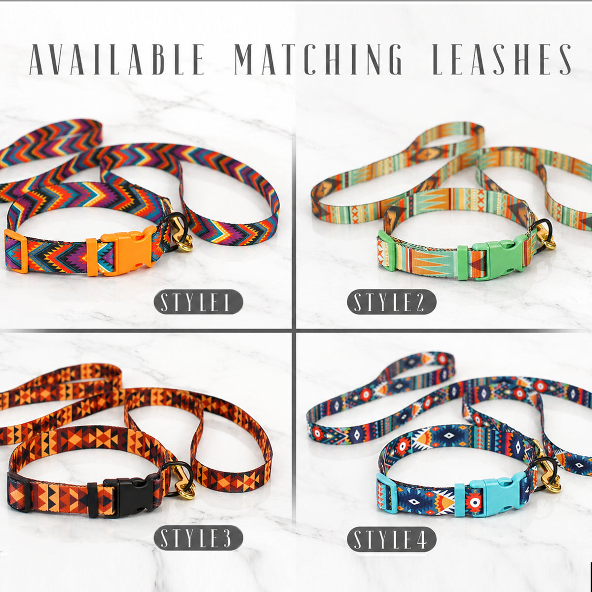 Four colorful dog leashes with matching collars on a white background