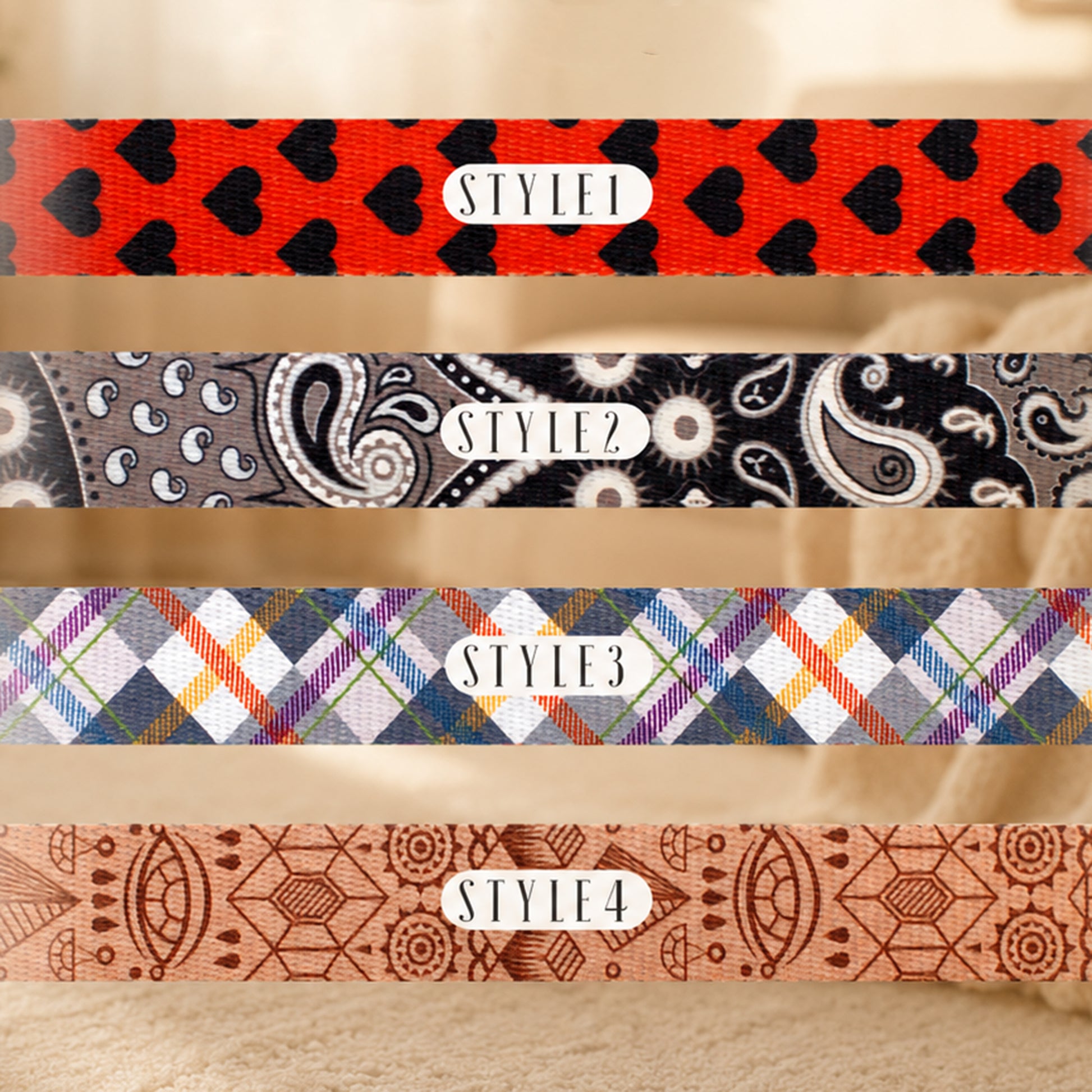 Four different patterned ribbons with labels on a wooden surface