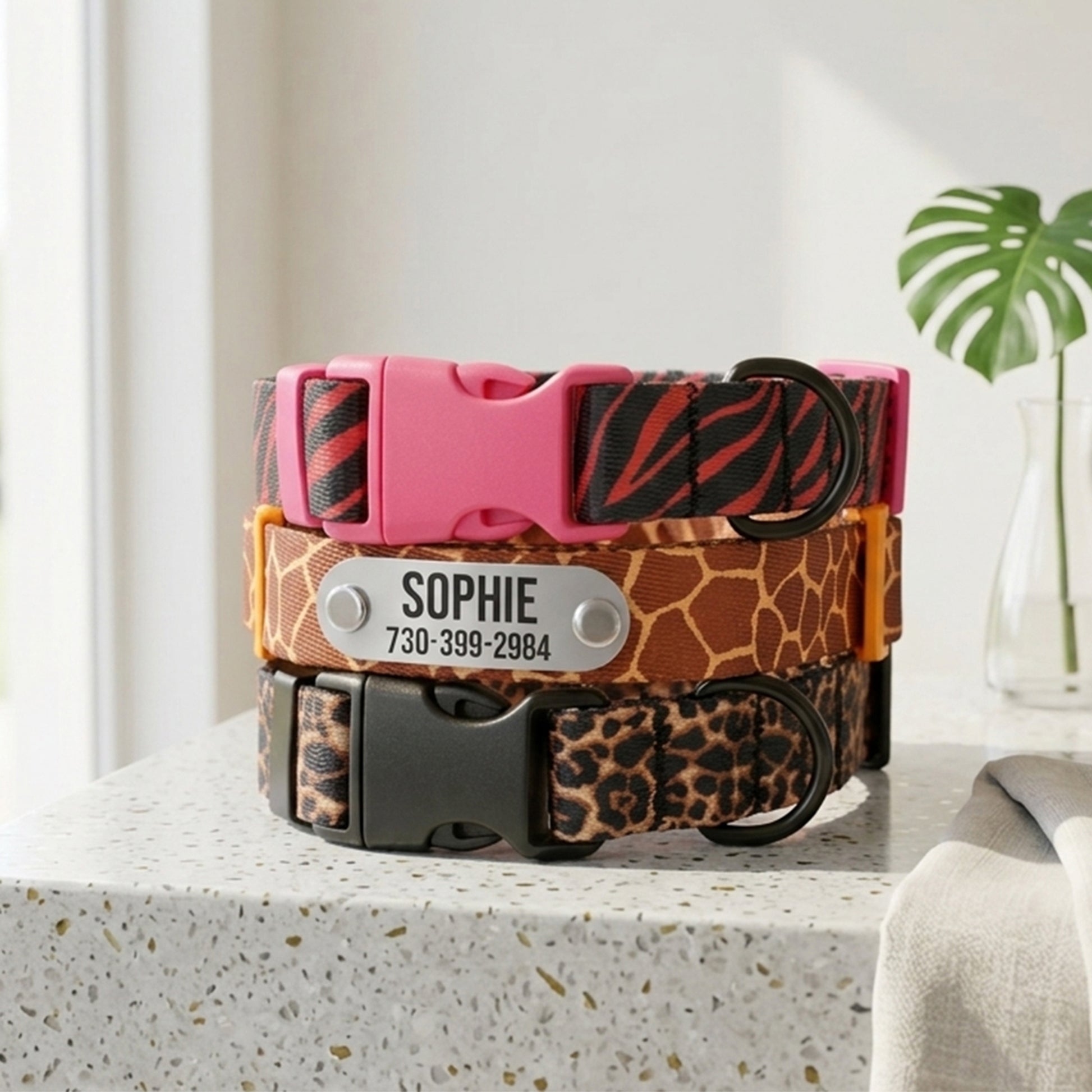 Personalized animal print dog collar – size comparison