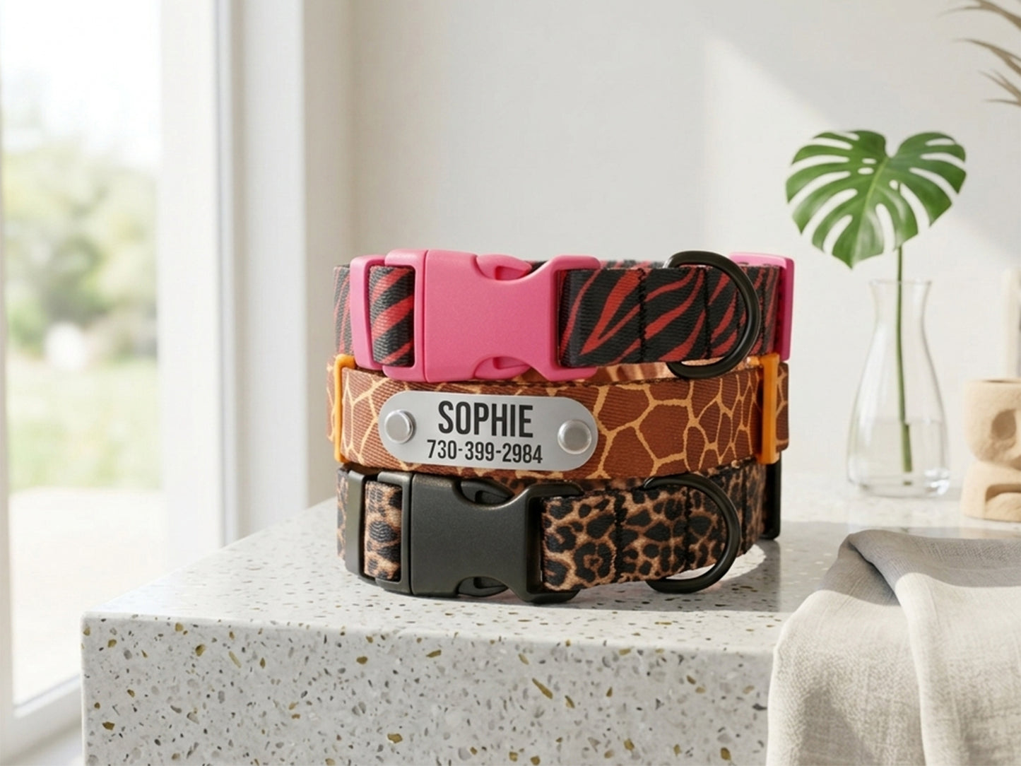 Animal Print Dog Collar with Personalized ID Name Plate