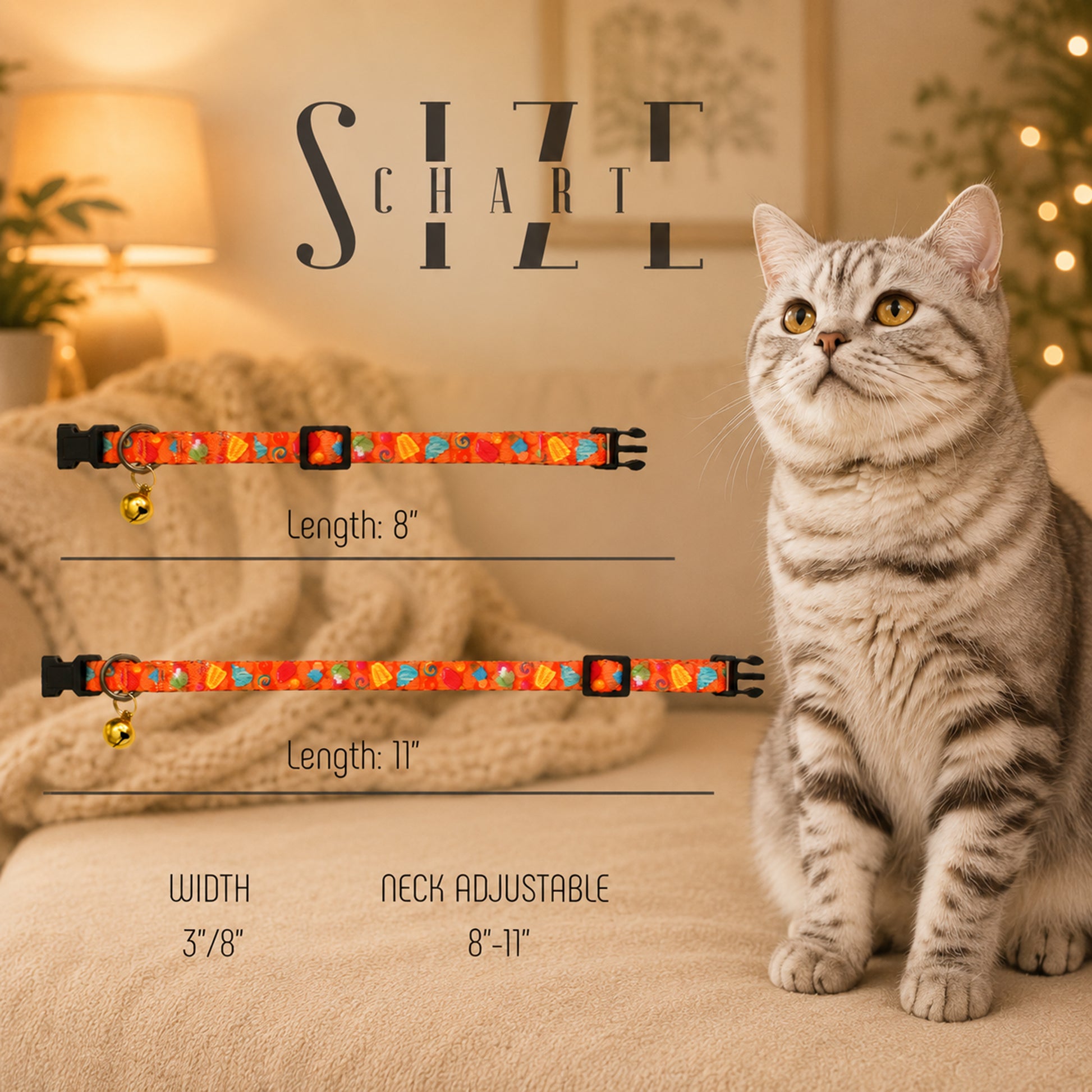Cat collar size chart with a cat sitting next to it on a couch.
