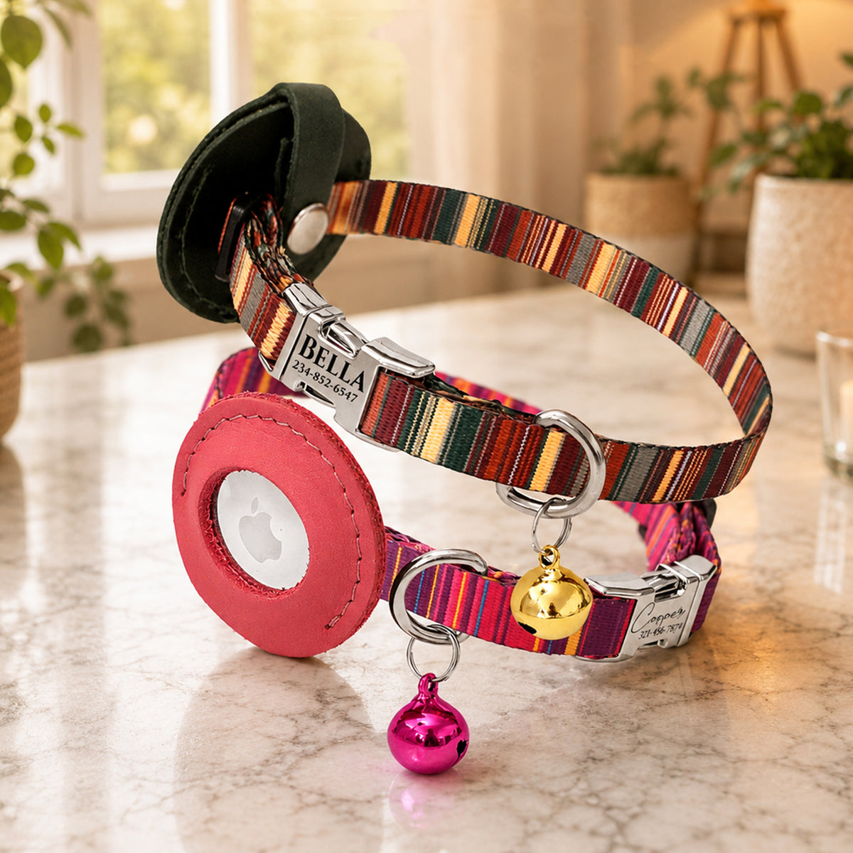 Artistic cat collar with AirTag slot – front view on marble surface